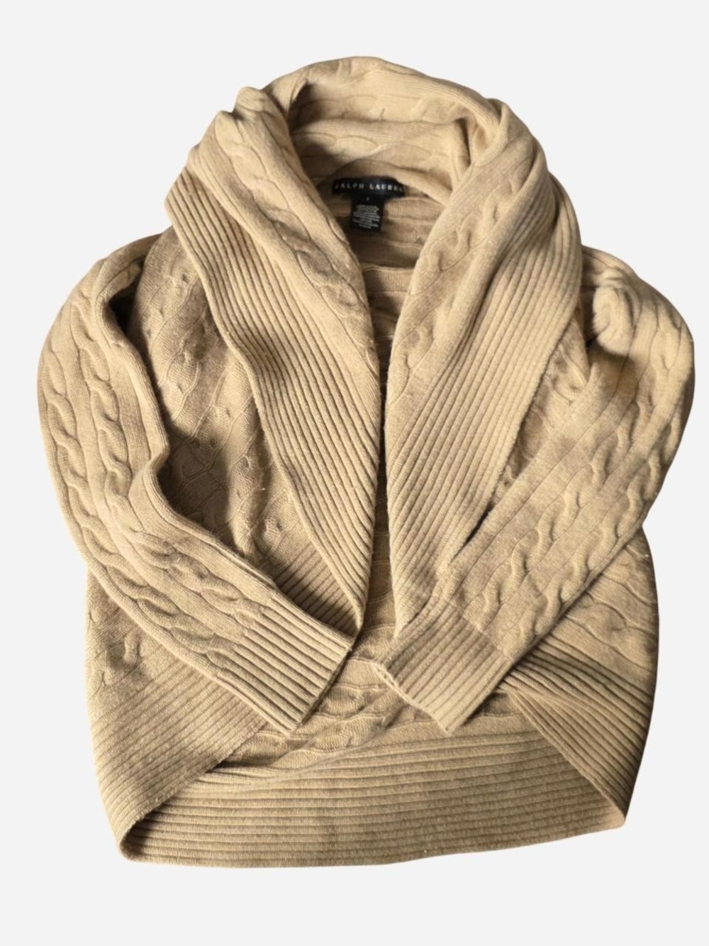 Ralph Lauren Cashmere Cable Knit Open Drape Cardigan Tan S Quiet Luxury